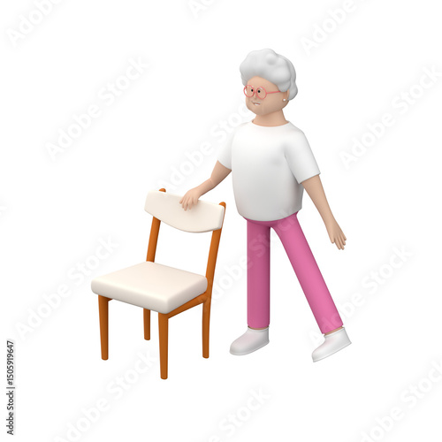 Senior female doing side leg raise using chair, 3d render