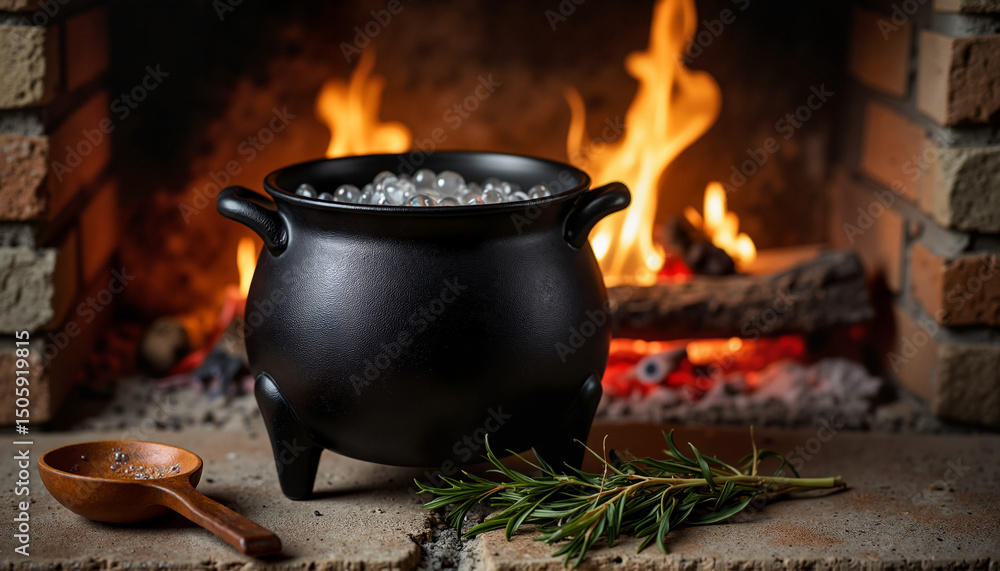 Black cauldron bubbling over a fire with herbs nearby Black cauldron bubbling over a fire with herbs nearby