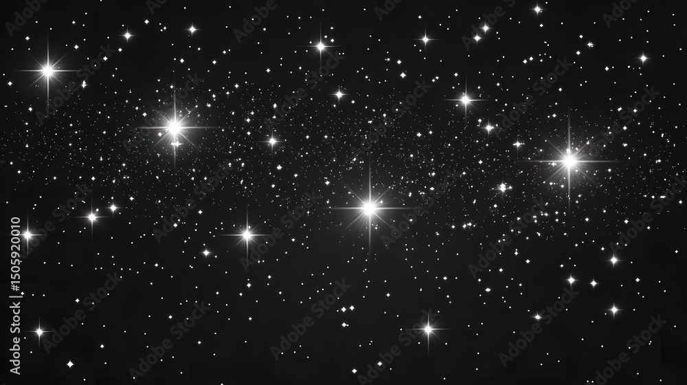 Fototapeta premium A transparent black distressed overlay background with tiny white particles scattered across it, creating an impression of stars or snowflakes in the night sky.