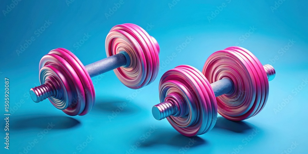 A pair of pink and blue dumbbells rest on a vibrant blue surface, their swirling metallic finish reflecting the light and adding a touch of futuristic flair to the classic fitness tool. A pair of pink and blue dumbbells rest on a vibrant blue surface, their swirling metallic finish reflecting the light and adding a touch of futuristic flair to the classic fitness tool.