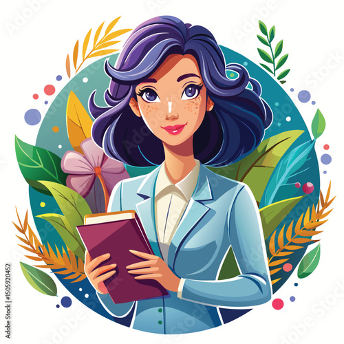 Smiling woman in a light blue suit, holding a book, surrounded by leaves and flowers