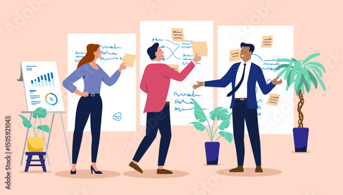 Dynamic business team collaborating on innovative strategies and solutions in a modern office workshop environment for project development and growth planning. Flat design vector illustration