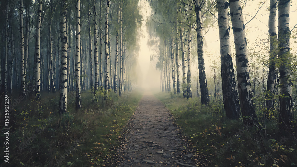 Obraz premium Misty Path through the Birch Grove