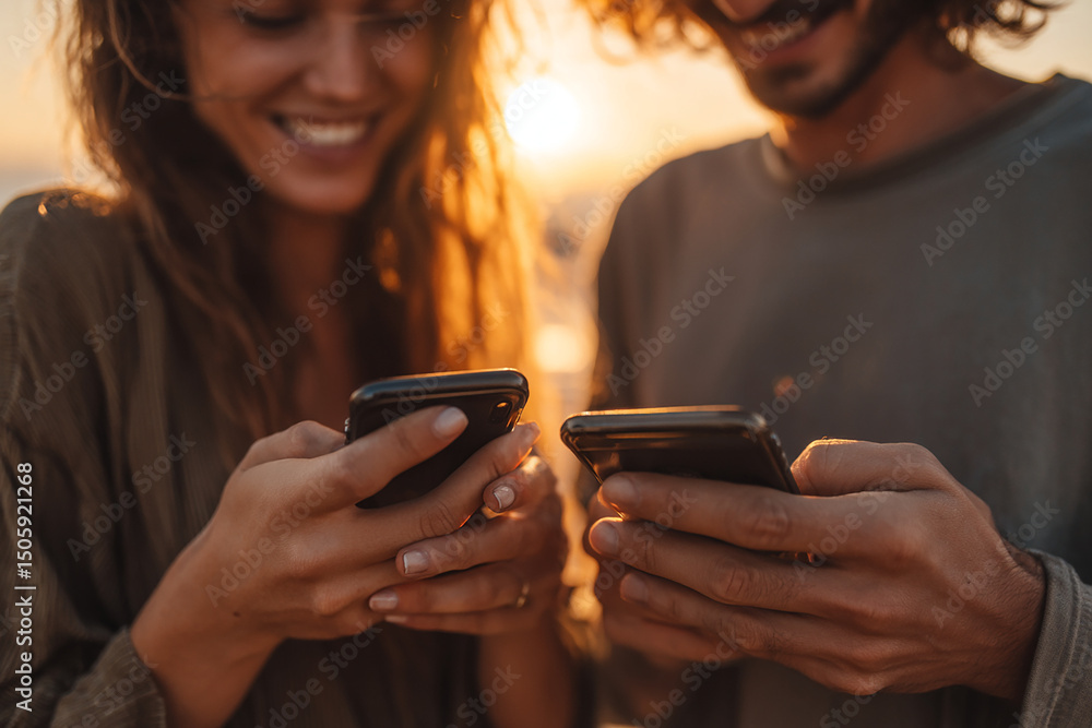 custom made wallpaper toronto digitalTwo people connecting with their smart phones against a sun light