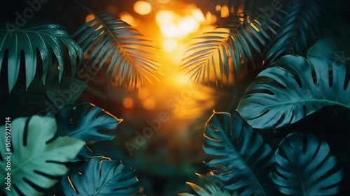 Lush tropical foliage in deep blue-green tones frames the image, while misty golden sunlight bursts through the open center. A light rain adds a dreamy atmosphere, enhancing the warm yellow and orange