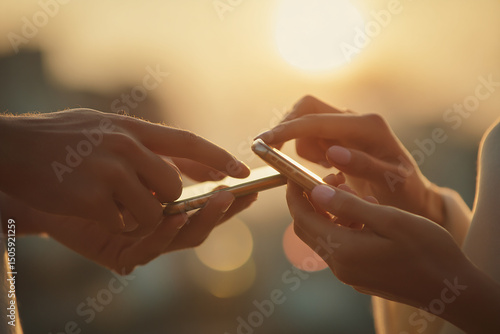 Two people connecting with their smart phones against a sun light