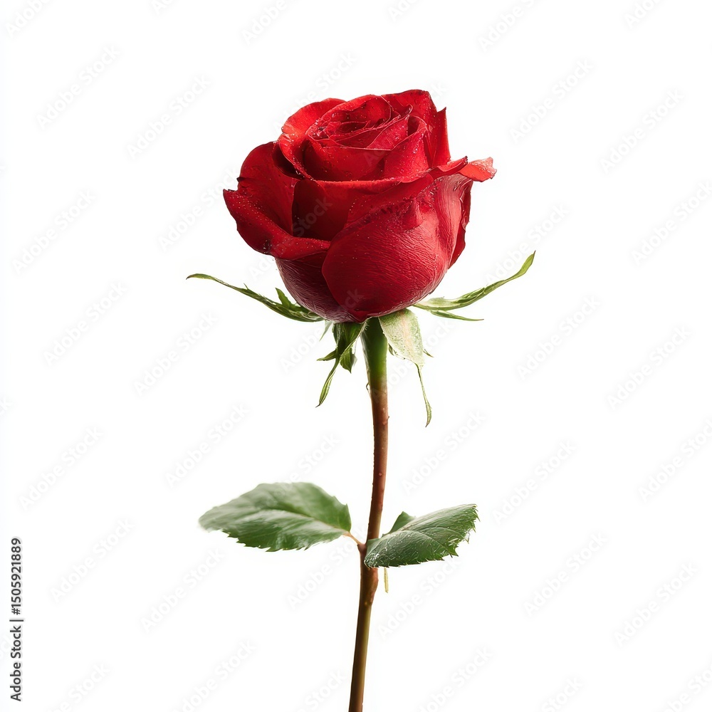 Fototapeta premium Single, elegant red rose with a long stem and lush green leaves, presented against a clean, white backdrop. Ideal for romantic concepts