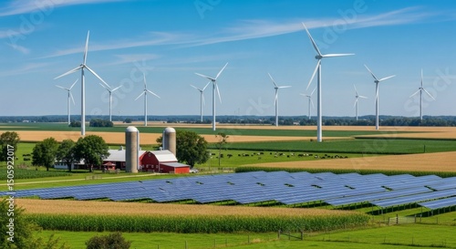 Sprawling Farm with Vast Corn and Wheat Fields Under a Bright Blue Sky, Towering Wind Turbines, Elevated Solar Panels, Red Barn, Classic Silo, Lush Pastures, Grazing Cows, and a Balance of Tradition a