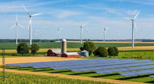 Sprawling Farm with Vast Corn and Wheat Fields Under a Bright Blue Sky, Towering Wind Turbines, Elevated Solar Panels, Red Barn, Classic Silo, Lush Pastures, Grazing Cows, and a Balance of Tradition a
