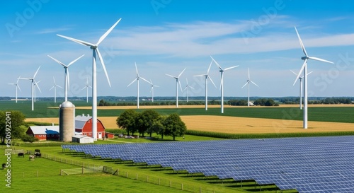 Sprawling Farm with Vast Corn and Wheat Fields Under a Bright Blue Sky, Towering Wind Turbines, Elevated Solar Panels, Red Barn, Classic Silo, Lush Pastures, Grazing Cows, and a Balance of Tradition a
