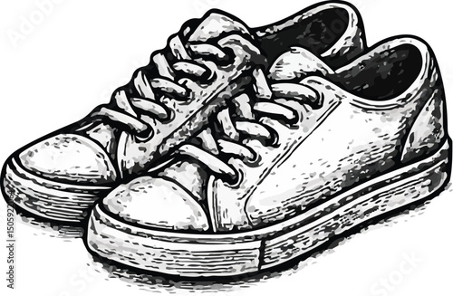 Black-and-white line drawing featuring a variety of footwear styles including sneakers, sandals, boots, dress shoes, and casual shoes, showcasing diverse shoe designs in a detailed sketch