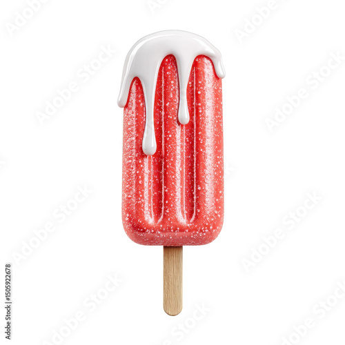 Melting Red Popsicle with White Dripping Topping on Transparent Background