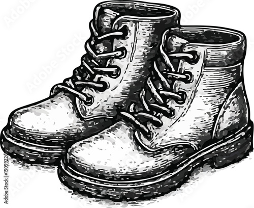Black-and-white detailed line drawing of various footwear styles including sneakers, sandals, boots, and dress shoes, showcasing diverse shoe designs for fashion and casual wear