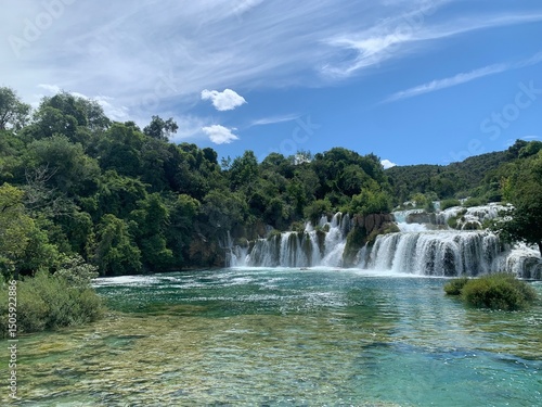 Stunning turquoise river with cascading waterfalls surrounded by lush green forest under a bright blue sky in Plitvice National Park