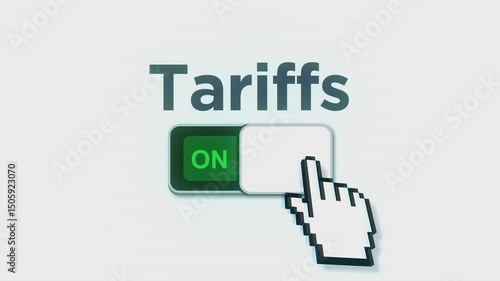 This animation shows a digital switch labeled “Tariffs” being toggled on, symbolizing trade policy control. A pixelated hand cursor adds an interactive, tech-inspired touch to the economic concept.	