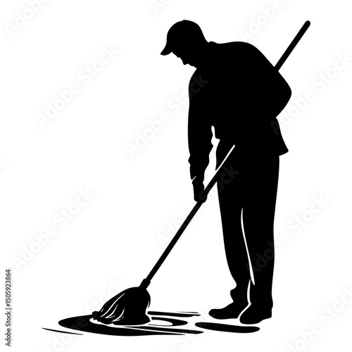 Black Silhouette of a Man Mopping Vector Illustration