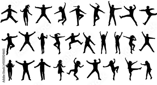 A collection of black silhouette icons depicting people in various dynamic poses of jumping and partying. The composition includes several examples of individuals in various stages and styles of jumpi