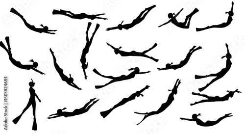 A collection of black silhouette icons depicting people doing freediving or snorkeling. The overall style is minimalist and focuses on the form and activity of the diver.