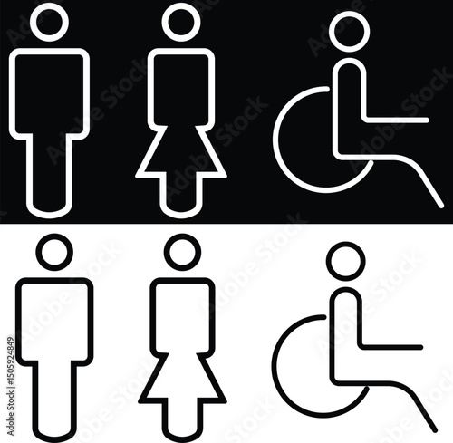 Gender and Disability Restroom icons Set. Male, female and disabled toilet symbol, washroom signs, WC toilet, Hand wash signs isolated on transparent Background. vector illustration 