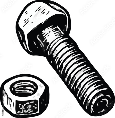 Black and white hand-drawn illustration of a bolt with a nut, showcasing detailed textures and shading, symbolizing hardware, construction, fastening, and mechanical engineering