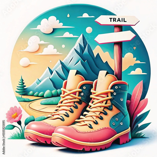 Colorful hiking boots placed beside directional sign in nature scene  