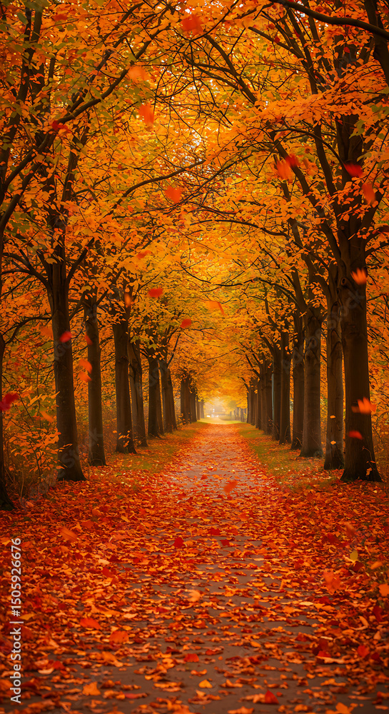 Naklejka premium Autumn pathway through vibrant orange trees