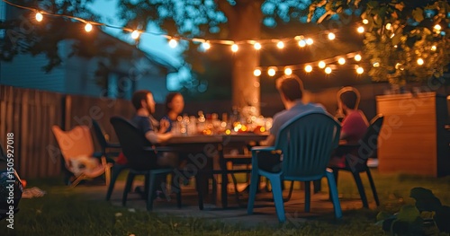Blurred backyard dinner party under string lights