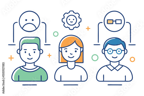 Diverse Team Members with Different Skillsets and Emotions in Outline Style
