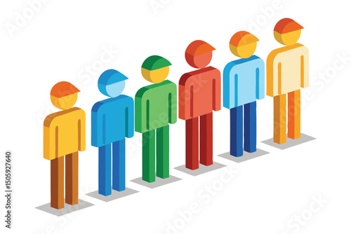 Isometric Colorful People Standing in a Row on White Background Illustration
