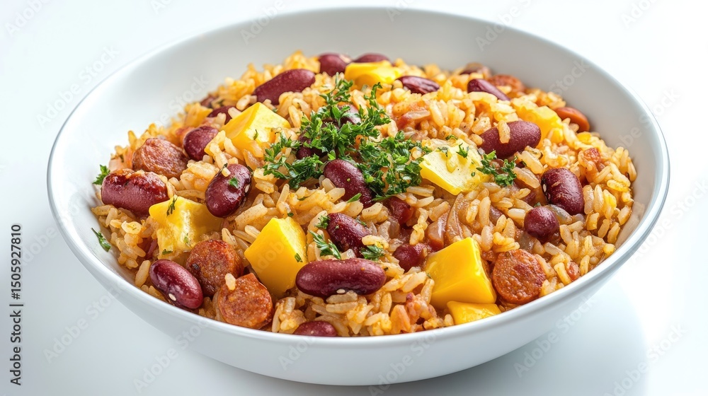 Bai de Dois, a Northeastern rice and beans dish with cheese and sausage, white background Bai de Dois, a Northeastern rice and beans dish with cheese and sausage, white background