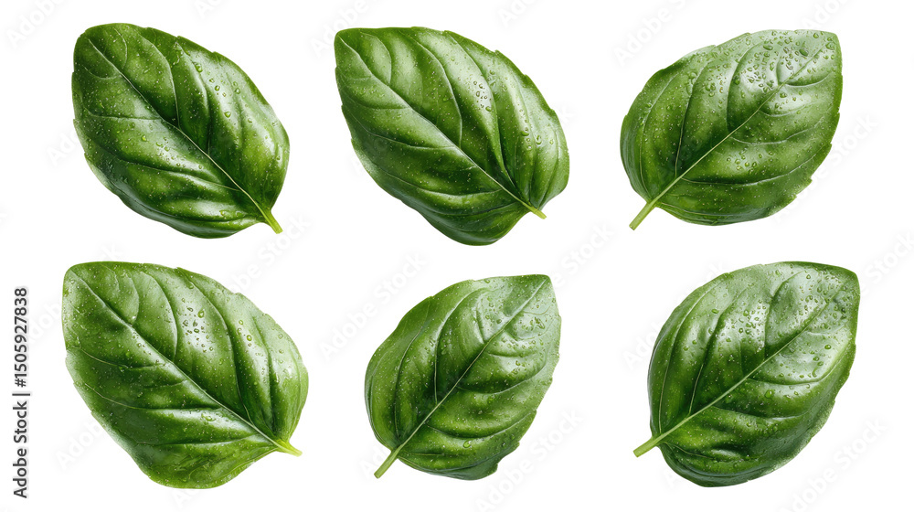 Fresh Basil Leaves with Water Droplets Isolated on White Fresh Basil Leaves with Water Droplets Isolated on White