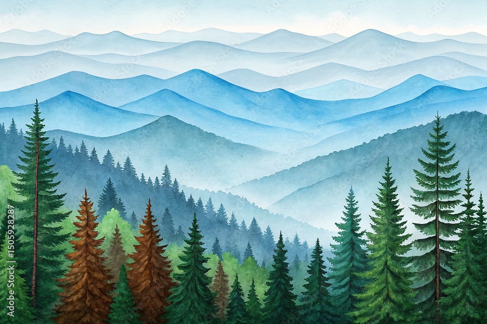 Fototapeta premium Green and brown pine trees cascade toward soft blue watercolor mountains under a clear sky