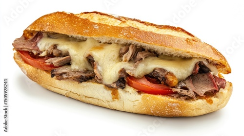 Bauru sandwich with roast beef, tomato, melted cheese in French bread, isolated white background