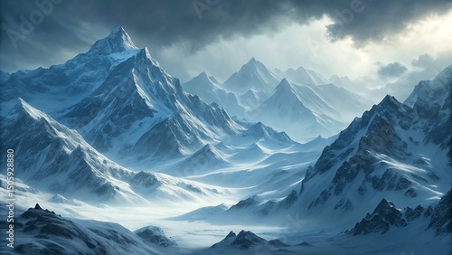 Wallpaper Mural Majestic snow capped mountain peaks pierce the sky under the clouded diffused sunlight Torontodigital.ca