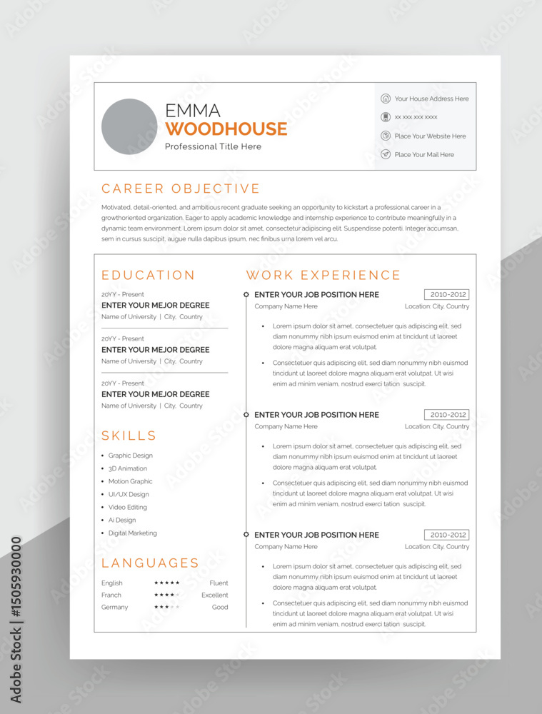 Fototapeta premium Minimal ATS-Friendly Resume Template – Corporate, Freelance, Journalist CV Design in Vector 