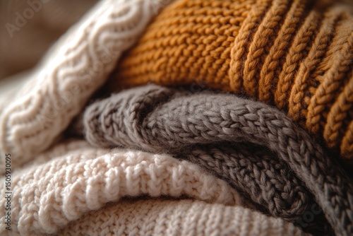 Stacked knitted sweaters in warm autumnal colors (1)