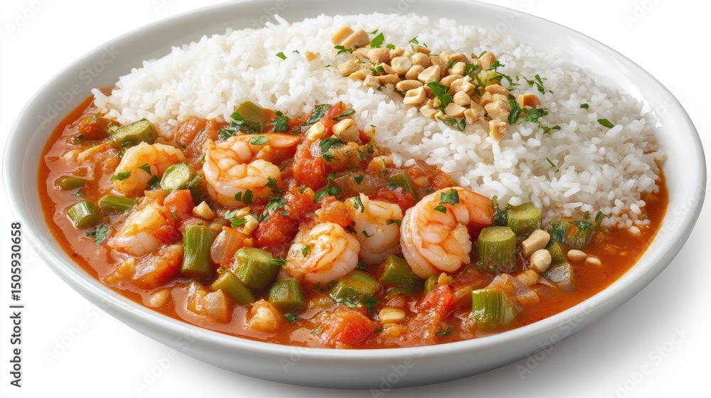 Caruru, Brazilian okra and shrimp stew from Bahia, served with rice and nuts, isolated white background Caruru, Brazilian okra and shrimp stew from Bahia, served with rice and nuts, isolated white background