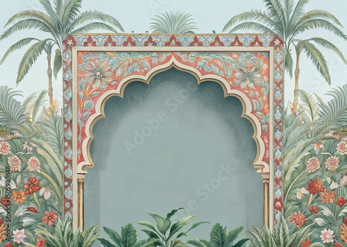 Ornate floral archway framed by palm trees provides a tranquil tropical sanctuary feel