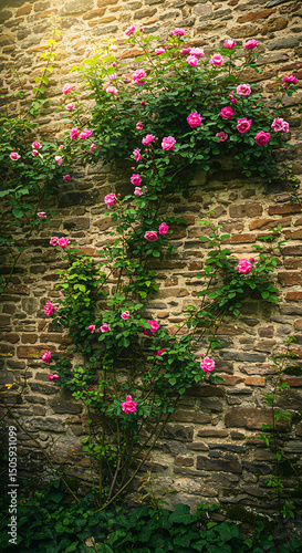 Pink roses climbing a rustic stone wall