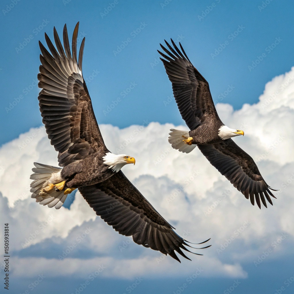 Obraz premium Majestic Bald Eagles Gliding Through a Clear Sky