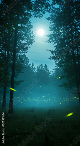 Enchanted moonlight forest with fireflies