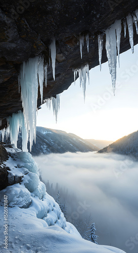 Icy cave overlooking a foggy winter valley