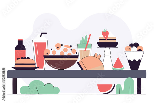 Colorful illustrated table of refreshments including drinks dessert and fruits for celebration