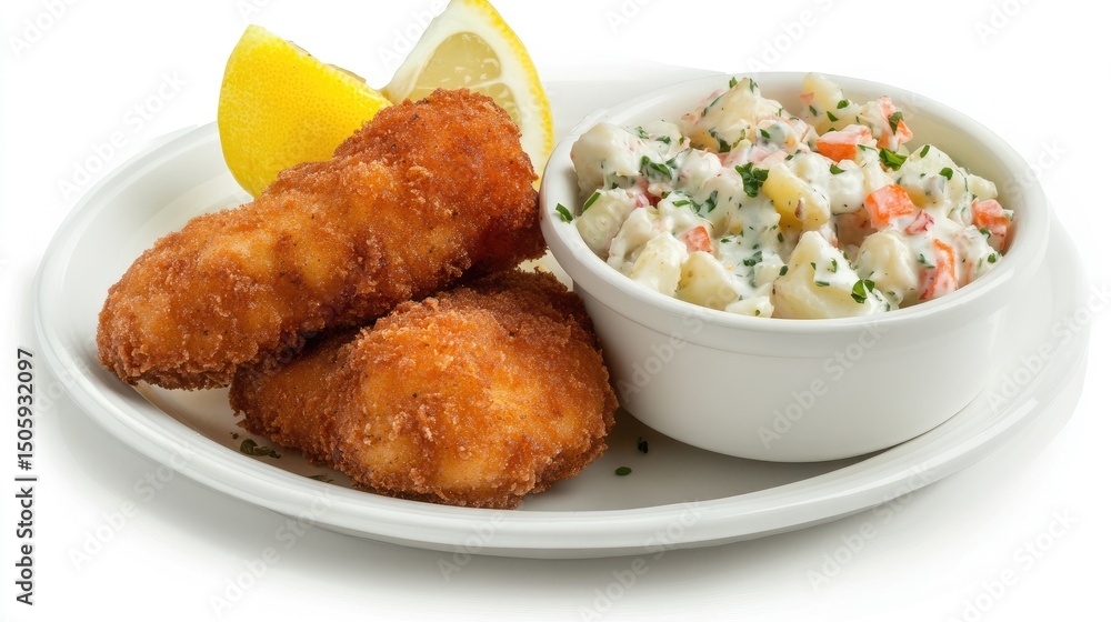 Crispy schnitzel cutlet with lemon wedge and potato salad, German comfort food, on a white plate, white background Crispy schnitzel cutlet with lemon wedge and potato salad, German comfort food, on a white plate, white background