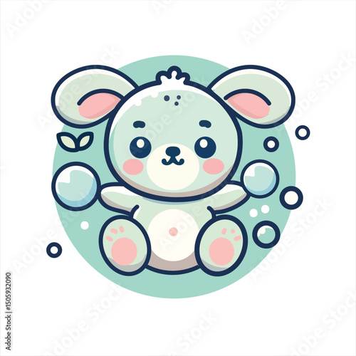 Cute Cartoon Bear in bubbles: A whimsical log of a cute cartoon bear playing with bubbles. The bear features soft pastel colors and is surrounded by bubbles.