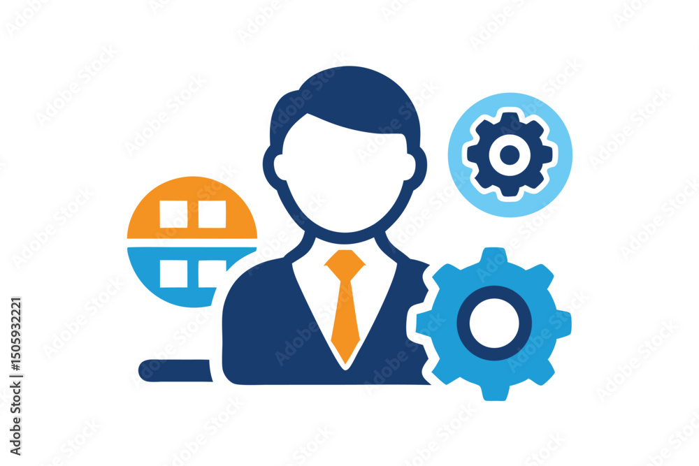Business Person with Gears and Block Icon for Management or Technology Business Person with Gears and Block Icon for Management or Technology