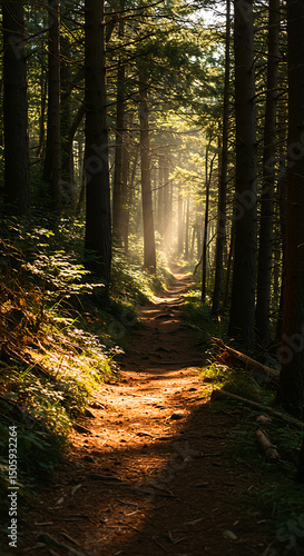 Sunlit forest path a serene woodland trail