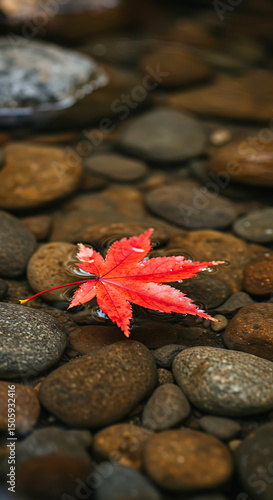 Single red maple leaf on smooth river rocks
