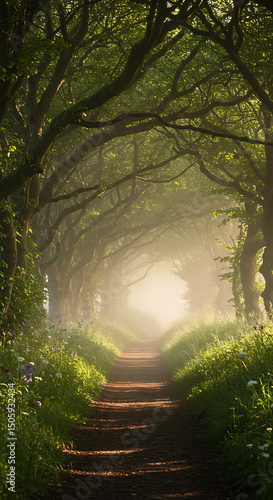 Misty morning path through a lush green tree tunnel