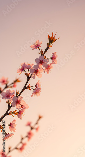 Pink blossom branch against a soft sunset sky
